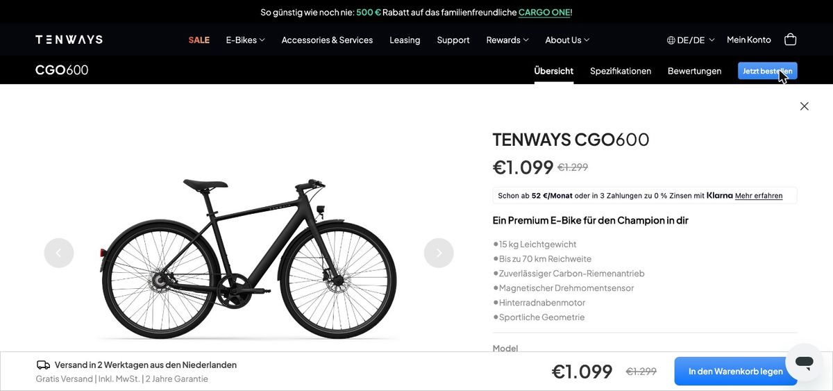 Tenways CGO600 Produktseite – 1.099 € statt 1.299 € Tenways CGO600 Produktseite im deutschen Tenways-Shop mit Preis 1.099 Euro statt 1.299 Euro