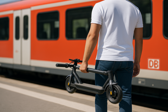 E-Scooter in Bus & Bahn: So nimmst du deinen Roller richtig mit Mann mit E-Scooter am Bahnsteig