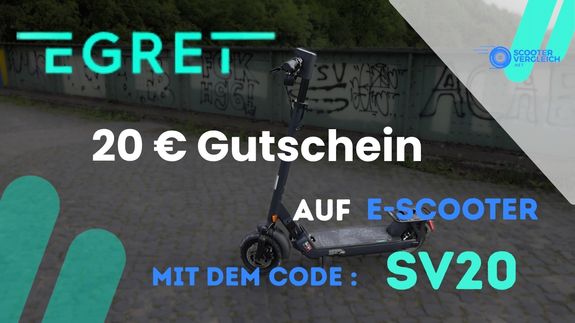Egret Gutschein – 20 € Rabatt auf E-Scooter mit dem Code SV20 | © Scootervergleich.net Egret E-Scooter mit Hinweis auf 20 € Gutschein mit dem Code SV20