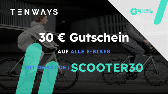 Tenways Gutschein: 30 € Rabatt mit dem Code SCOOTER30 Tenways Gutschein: 30 € Rabatt auf alle E-Bikes mit dem Code SCOOTER30 – zwei Fahrer auf dem Tenways CGO600
