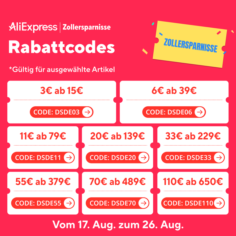 Übersicht aller acht AliExpress-Rabattcodes der Aktion Zollersparnisse