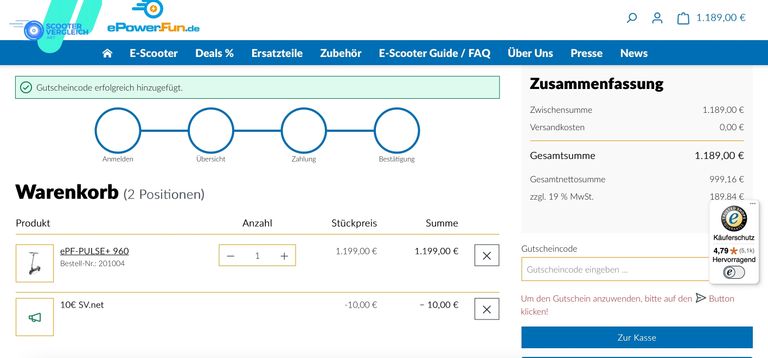ePowerFun Warenkorb mit Gutscheincode SV.net – 10 € Rabatt abgezogen ePowerFun Warenkorb mit eingelöstem Gutscheincode SV.net und 10 Euro Rabatt