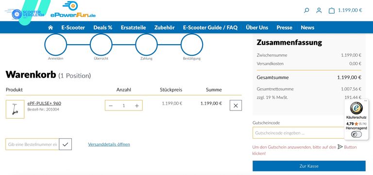 ePowerFun Warenkorb ohne Gutscheincode – regulärer Preis ePowerFun Warenkorb mit E-Scooter vor Eingabe des Gutscheincodes