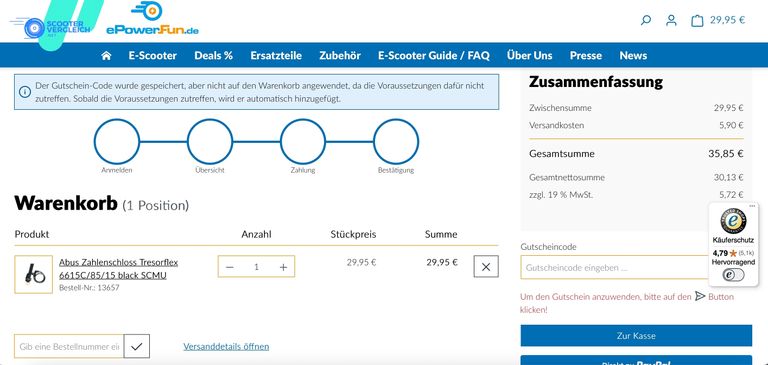 Gutscheincode SV.net funktioniert nicht bei Zubehör und Ersatzteilen ePowerFun Warenkorb mit Zubehörteil und dem Hinweis, dass der Gutscheincode nicht gespeichert wurde