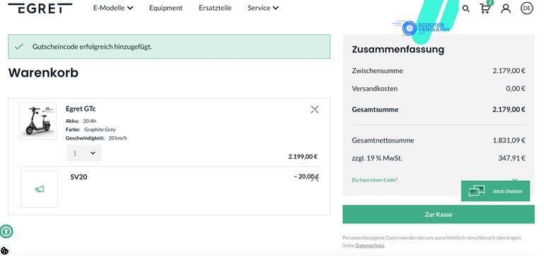 Egret GTc im Warenkorb mit eingelöstem Gutscheincode SV20 und 20 Euro Rabatt