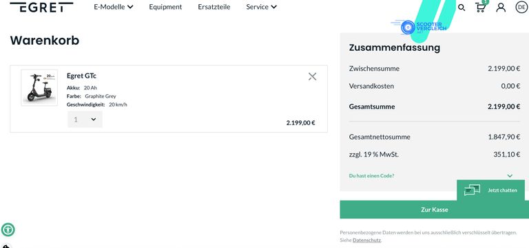 Egret GTc im Warenkorb ohne Gutscheincode zum regulären Preis von 2.199 Euro