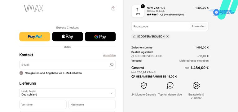 VMAX New VX2 Hub Warenkorb mit Gutscheincode Scootervergleich – 1.484 € statt 1.499 € VMAX New VX2 Hub im Warenkorb mit eingelöstem Gutscheincode Scootervergleich und 15 Euro Rabatt