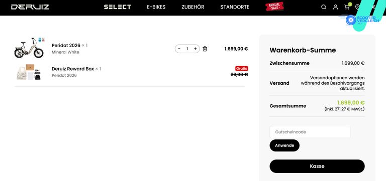 Deruiz Warenkorb mit dem Peridot 2026 für 1.699 Euro vor Eingabe des Gutscheincodes
