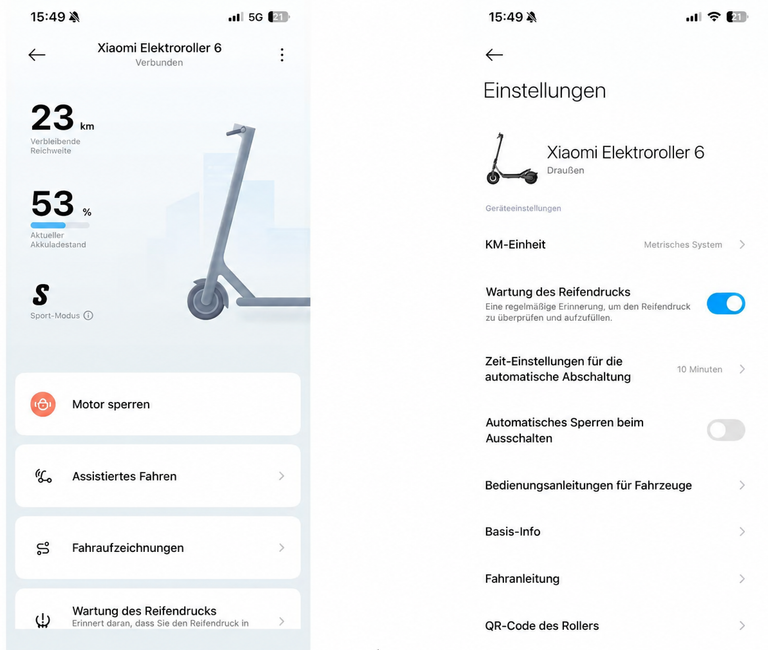 Xiaomi Home App mit Scooter-Übersicht für den Xiaomi Electric Scooter 6