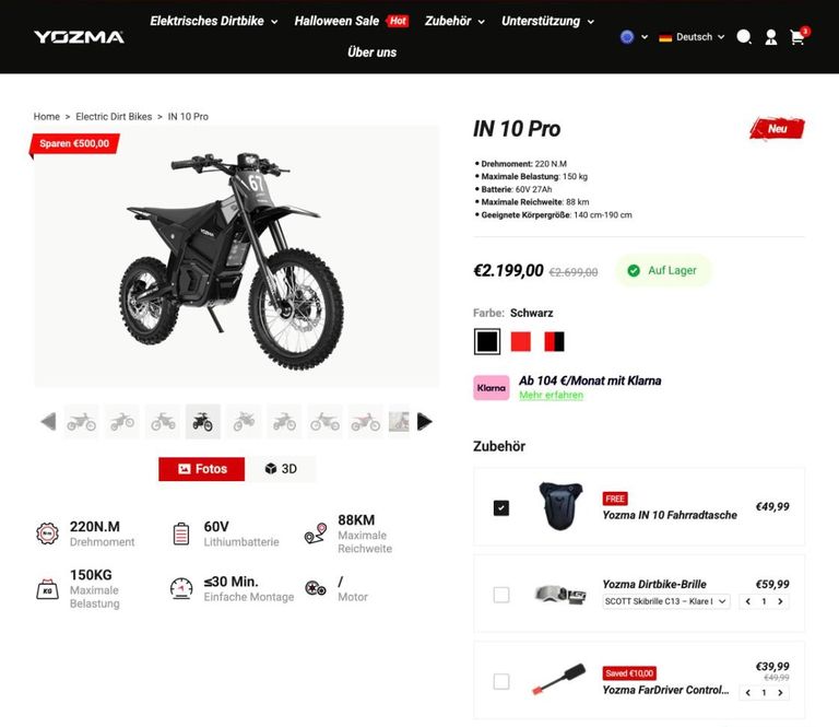 Yozma IN 10 Pro Produktseite im deutschen Yozma-Shop mit Preis 2.199 Euro statt 2.699 Euro