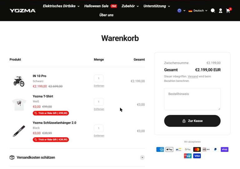 Yozma Warenkorb mit IN 10 Pro für 2.199 Euro, kostenlosem T-Shirt und Schlüsselanhänger