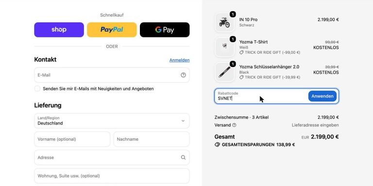 Yozma Kasse mit eingetragenem Gutscheincode SVNET im Feld Rabattcode vor dem Anwenden