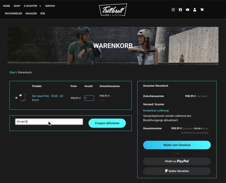 Trittbrett Warenkorb – Gutscheincode SV.net10 eingetragen Trittbrett Warenkorb mit eingetragenem Gutscheincode SV.net10 vor dem Aktivieren