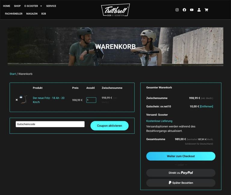 Trittbrett Gutschein SV.net10 eingelöst – 10 € Rabatt auf den Fritz Trittbrett Warenkorb mit eingelöstem Gutscheincode SV.net10 – Fritz für 989 Euro nach 10 Euro Rabatt