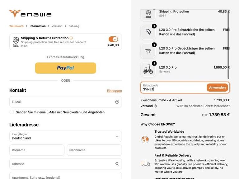 ENGWE Kasse mit eingetragenem Rabattcode SVNET vor dem Anwenden