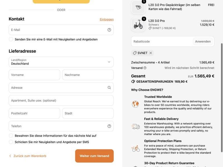 ENGWE Kasse mit eingelöstem Rabattcode SVNET – L20 3.0 Pro für 1.529,10 Euro nach 169,90 Euro Rabatt