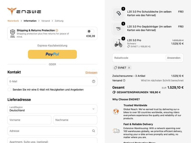 ENGWE Kasse mit ausgeschaltetem Versandschutz und Gesamtsumme 1.529,10 Euro