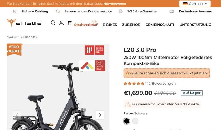 ENGWE L20 3.0 Pro Produktseite im ENGWE-Shop mit Preis 1.699 Euro statt 1.799 Euro