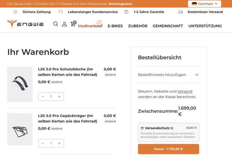 ENGWE Warenkorb mit L20 3.0 Pro für 1.699 Euro und vorausgewähltem Versandschutz für 40,83 Euro