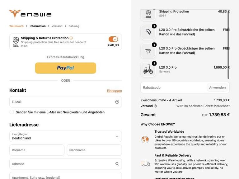 ENGWE Kasse mit L20 3.0 Pro und Versandschutz, Gesamtsumme 1.739,83 Euro vor Eingabe des Rabattcodes