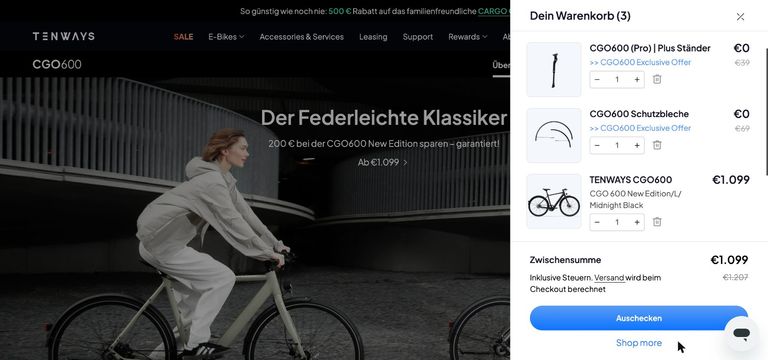 Tenways Warenkorb – CGO600 mit Gratis-Zubehör, noch ohne Gutscheincode Tenways Warenkorb mit CGO600 für 1.099 Euro sowie kostenlosem Ständer und Schutzblechen