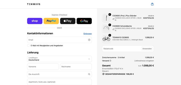 Tenways CGO600 an der Kasse ohne Gutscheincode – 1.099 € Tenways Checkout mit dem CGO600 New Edition für 1.099 Euro, gratis Ständer und Schutzblechen, noch ohne Gutscheincode