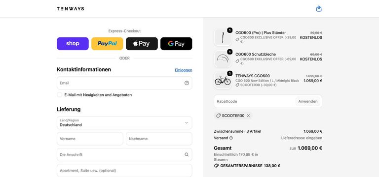 Tenways Gutschein SCOOTER30 eingelöst – CGO600 für 1.069 € Tenways Checkout mit eingelöstem Gutscheincode SCOOTER30 – CGO600 für 1.069 Euro statt 1.099 Euro