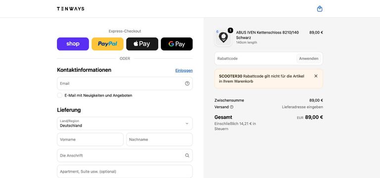 Tenways Gutschein funktioniert nicht – Fehlermeldung bei reinem Zubehör Fehlermeldung im Tenways Checkout: SCOOTER30 Rabattcode gilt nicht für die Artikel in Ihrem Warenkorb