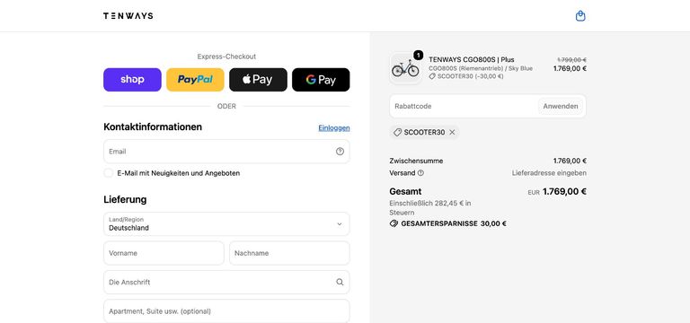 Tenways CGO800S mit Gutscheincode SCOOTER30 – 1.769 € statt 1.799 € Tenways Checkout mit dem CGO800S und Gutscheincode SCOOTER30 – 1.769 Euro statt 1.799 Euro