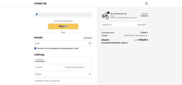 Hitway BK-U2 an der Kasse ohne Gutscheincode – 1.199,99 € Hitway Checkout mit dem BK-U2 für 1.199,99 Euro nach Abzug des Black-Friday-Rabatts von 100 Euro, noch ohne Gutscheincode