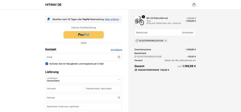 Hitway Gutschein SCOOTERVERGLEICH30 eingelöst – BK-U2 für 1.169,99 € Hitway Checkout mit eingelöstem Gutscheincode SCOOTERVERGLEICH30 – BK-U2 für 1.169,99 Euro, Gesamtersparnis 130 Euro