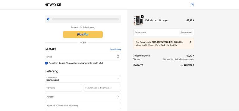 Hitway Gutschein funktioniert nicht – Fehlermeldung bei zu kleinem Warenkorb Fehlermeldung im Hitway Checkout: Der Rabattcode SCOOTERVERGLEICH30 ist für die Artikel in Ihrem Warenkorb nicht gültig