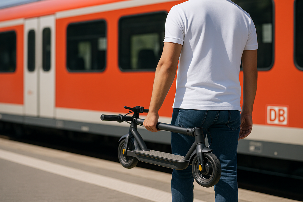Mann mit E-Scooter am Bahnsteig