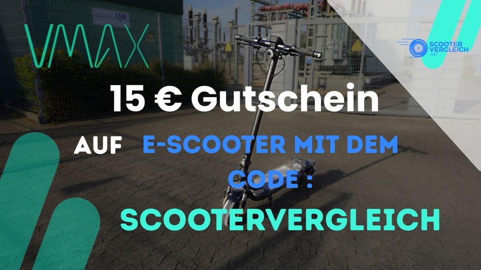 VMAX Rabattcode – 15 € Gutschein auf alle E-Scooter | © Scootervergleich.net VMAX E-Scooter mit Hinweis auf 15 € Rabatt mit dem Gutscheincode Scootervergleich